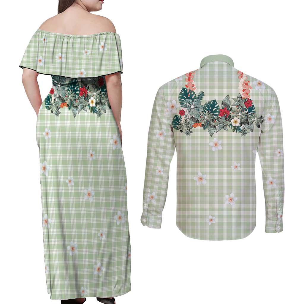 Sage Green Hawaiian Palaka Couples Matching Off Shoulder Maxi Dress and Long Sleeve Button Shirt Kukui Nut Money Lei - Polynesian Pride