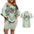 Sage Green Hawaiian Palaka Couples Matching Off Shoulder Short Dress and Hawaiian Shirt Kukui Nut Money Lei - Polynesian Pride