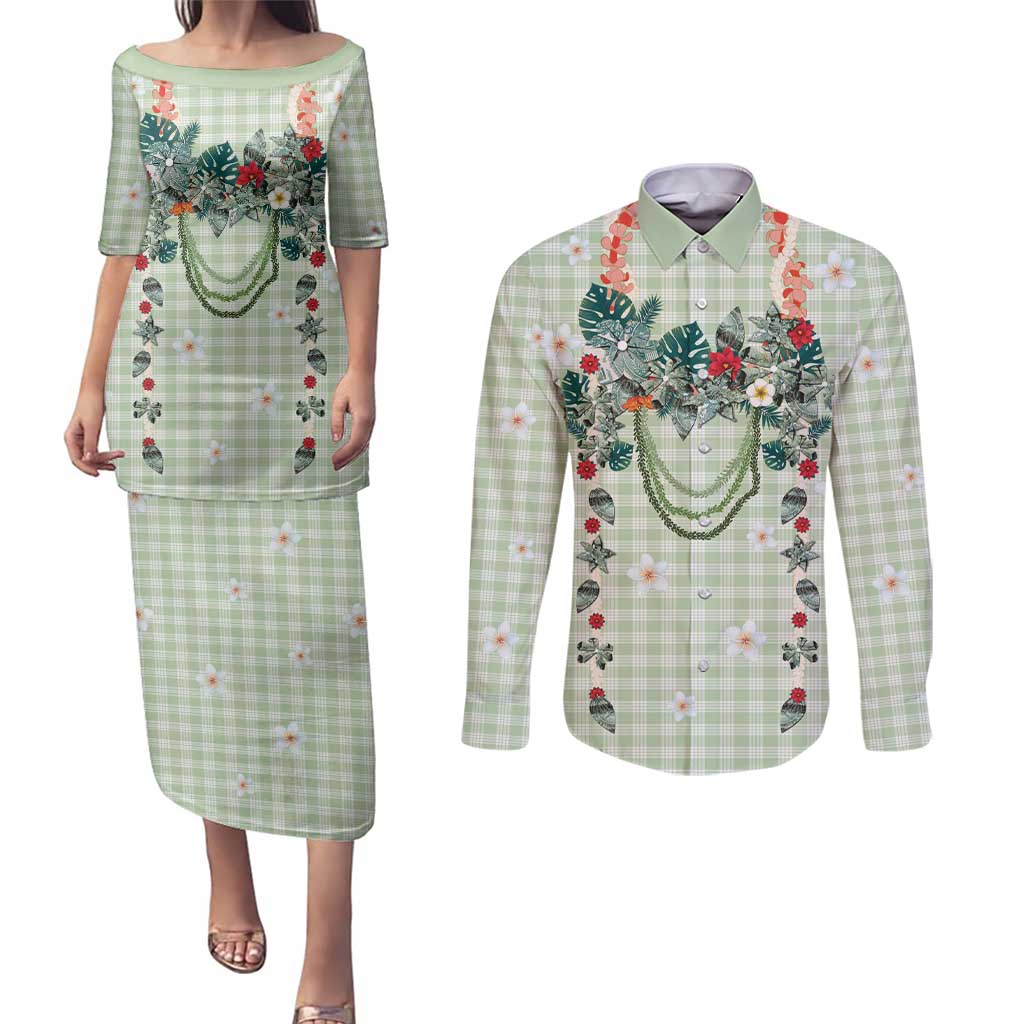 Sage Green Hawaiian Palaka Couples Matching Puletasi and Long Sleeve Button Shirt Kukui Nut Money Lei - Polynesian Pride