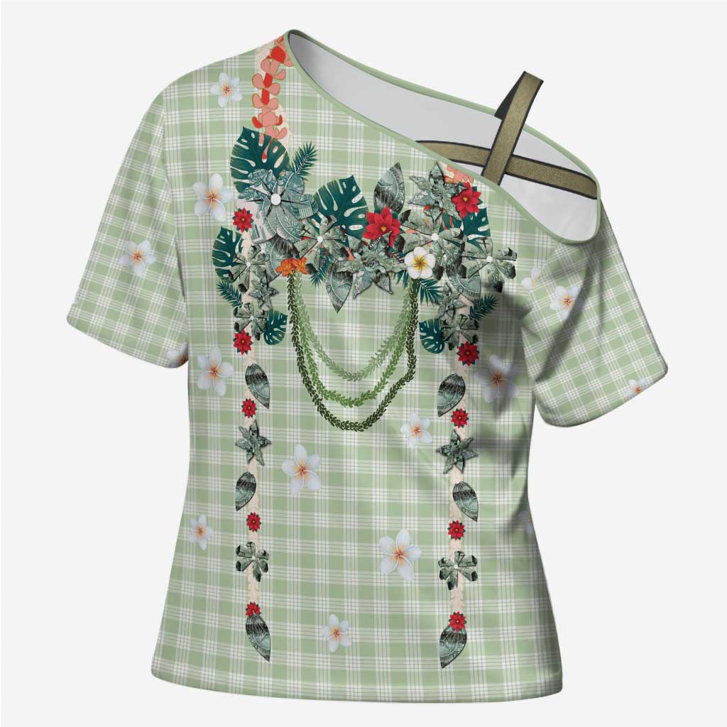 Sage Green Hawaiian Palaka Cross Shoulder Shirt Kukui Nut Money Lei - Polynesian Pride