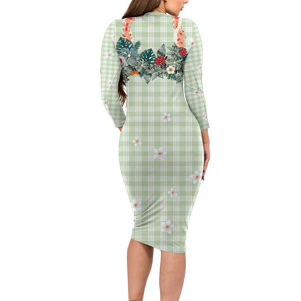 Sage Green Hawaiian Palaka Family Matching Long Sleeve Bodycon Dress and Hawaiian Shirt Kukui Nut Money Lei - Polynesian Pride