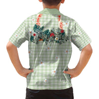 Sage Green Hawaiian Palaka Family Matching Off The Shoulder Long Sleeve Dress and Hawaiian Shirt Kukui Nut Money Lei - Polynesian Pride