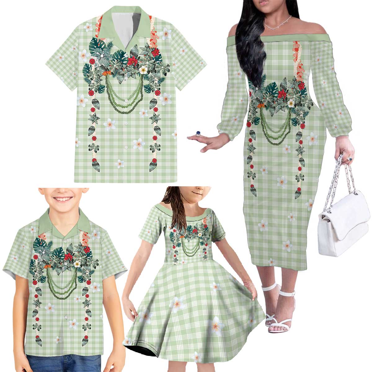 Sage Green Hawaiian Palaka Family Matching Off The Shoulder Long Sleeve Dress and Hawaiian Shirt Kukui Nut Money Lei - Polynesian Pride