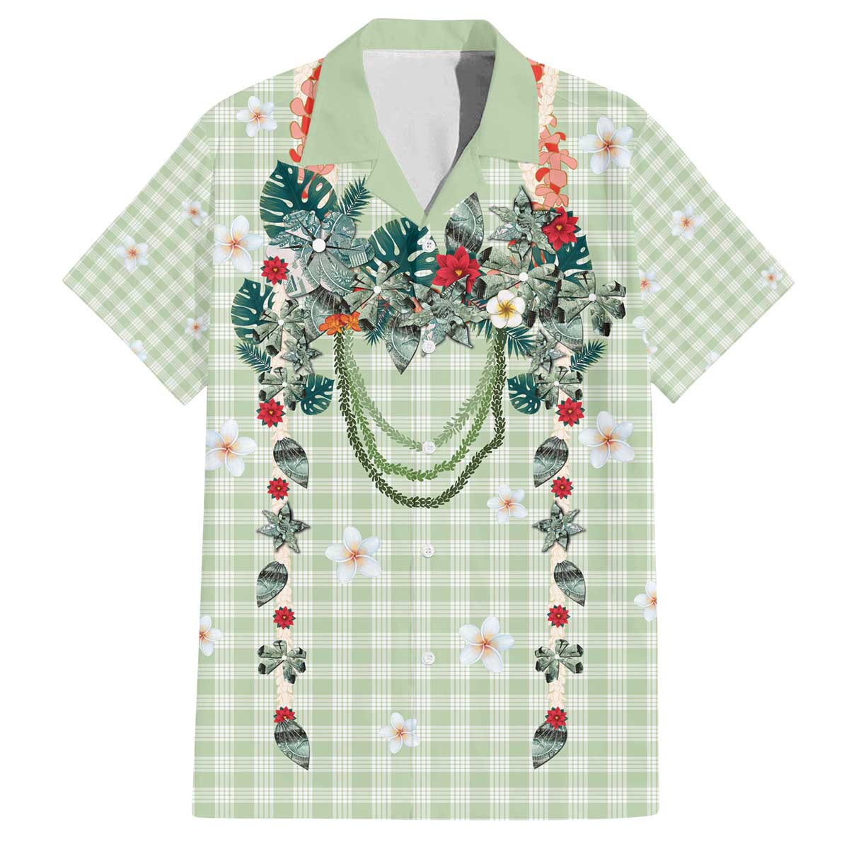 Sage Green Hawaiian Palaka Family Matching Off The Shoulder Long Sleeve Dress and Hawaiian Shirt Kukui Nut Money Lei - Polynesian Pride