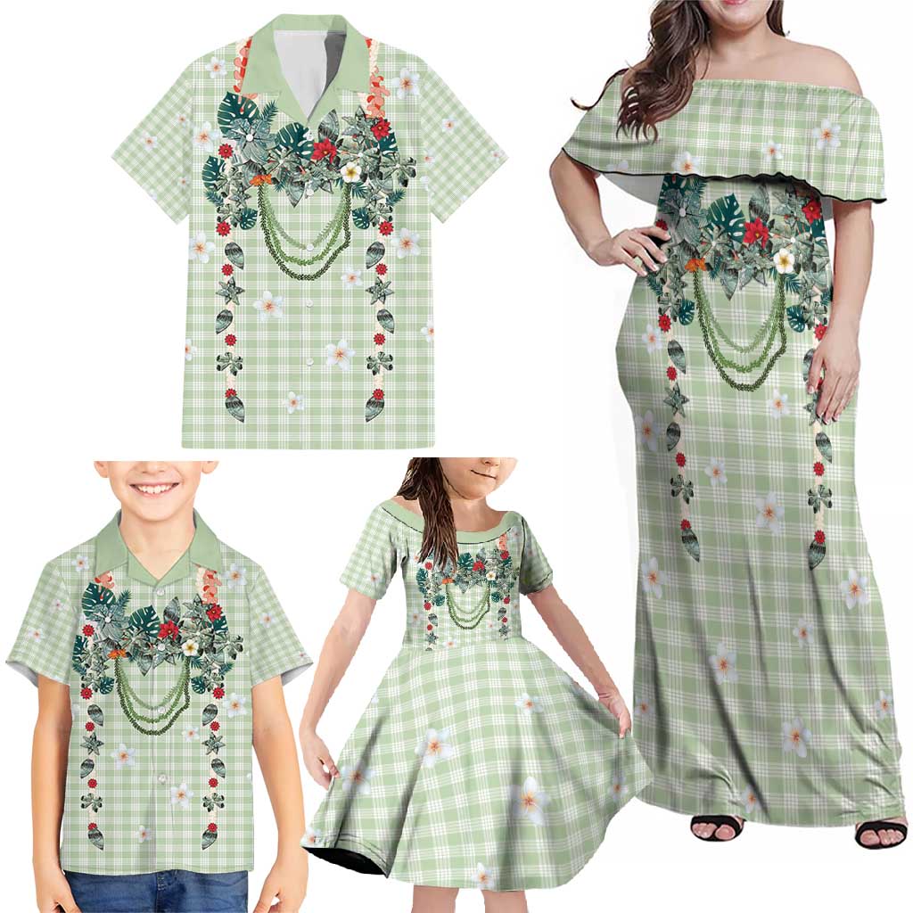 Sage Green Hawaiian Palaka Family Matching Off Shoulder Maxi Dress and Hawaiian Shirt Kukui Nut Money Lei - Polynesian Pride
