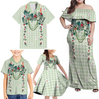 Sage Green Hawaiian Palaka Family Matching Off Shoulder Maxi Dress and Hawaiian Shirt Kukui Nut Money Lei - Polynesian Pride