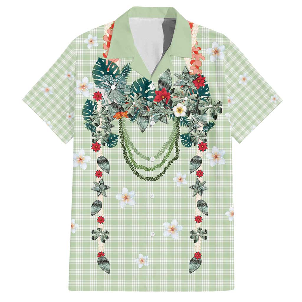 Sage Green Hawaiian Palaka Family Matching Off Shoulder Maxi Dress and Hawaiian Shirt Kukui Nut Money Lei - Polynesian Pride