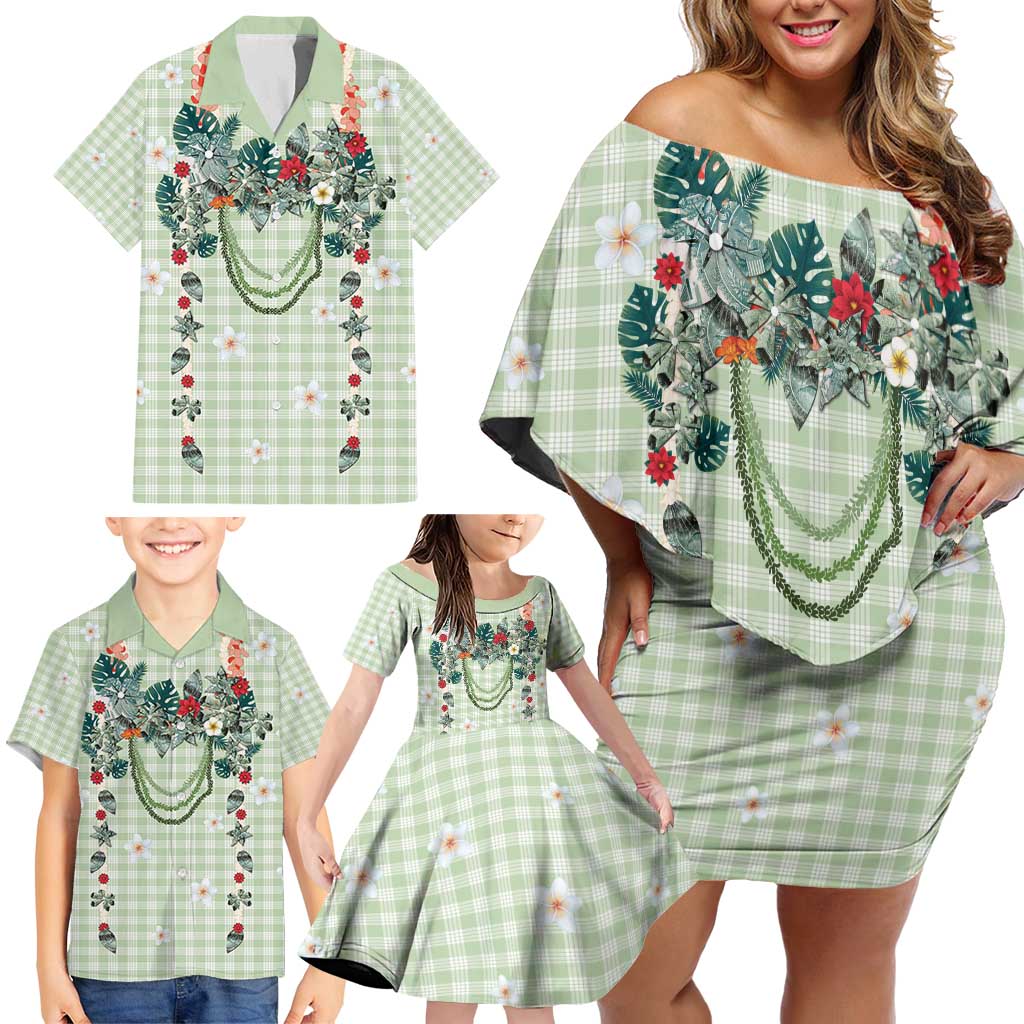 Sage Green Hawaiian Palaka Family Matching Off Shoulder Short Dress and Hawaiian Shirt Kukui Nut Money Lei - Polynesian Pride