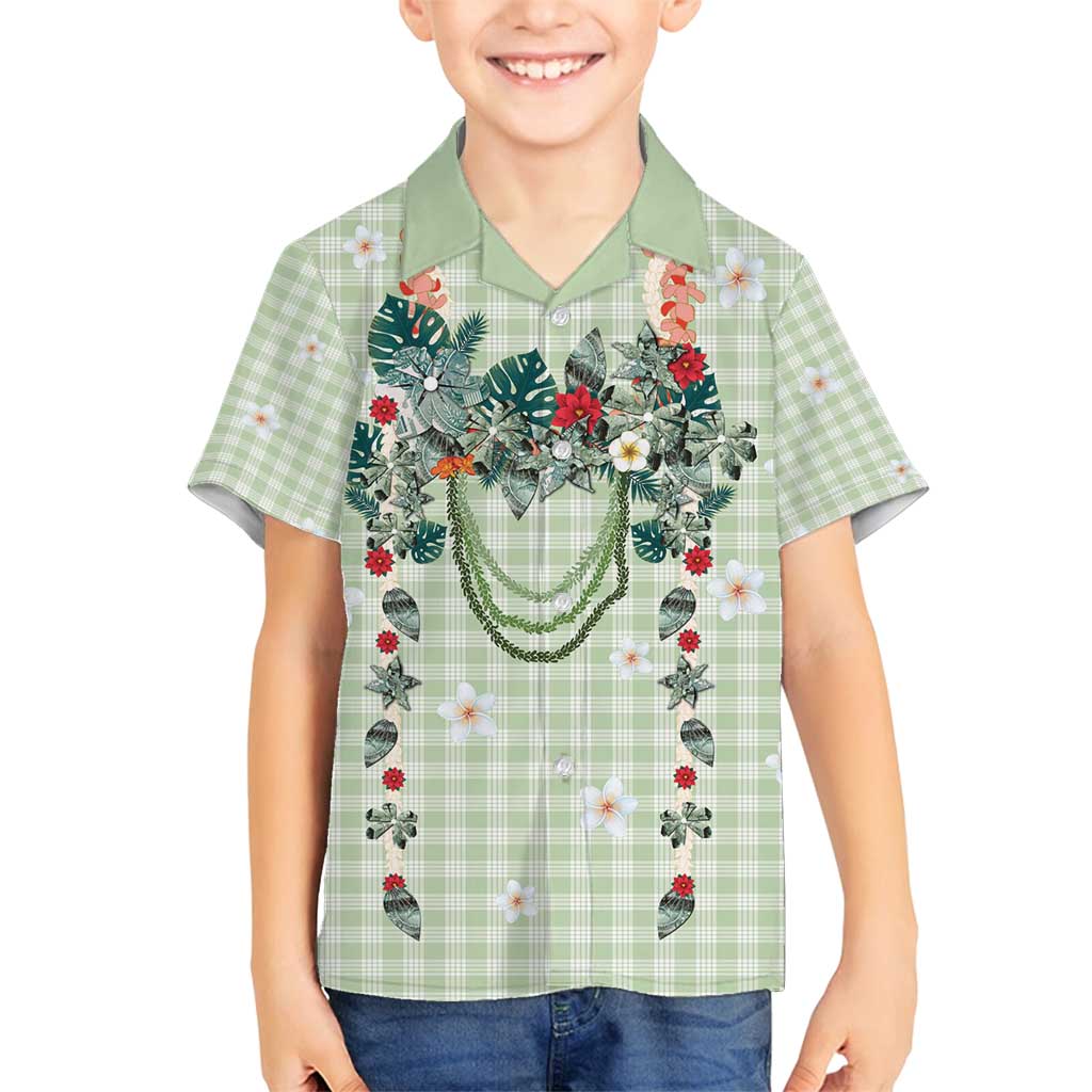 Sage Green Hawaiian Palaka Family Matching Off Shoulder Short Dress and Hawaiian Shirt Kukui Nut Money Lei - Polynesian Pride