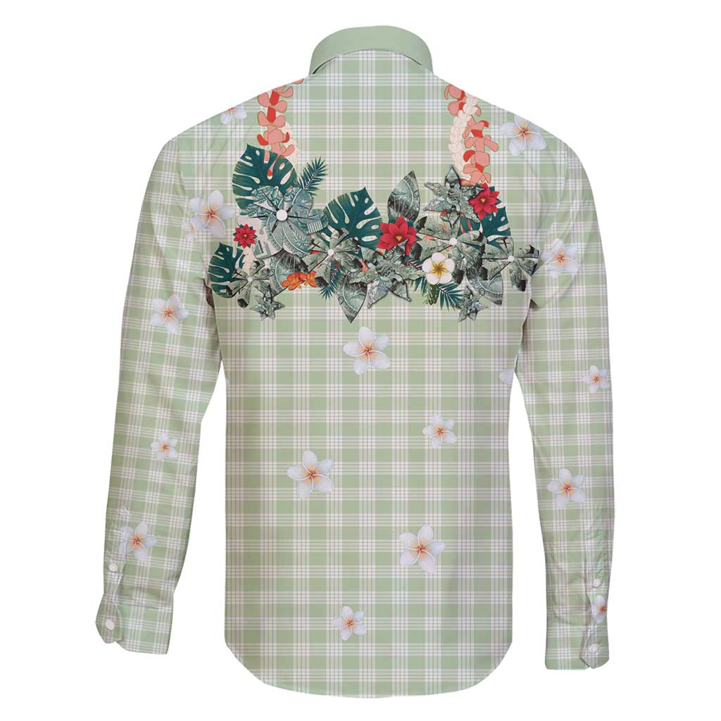 Sage Green Hawaiian Palaka Family Matching Puletasi and Hawaiian Shirt Kukui Nut Money Lei - Polynesian Pride