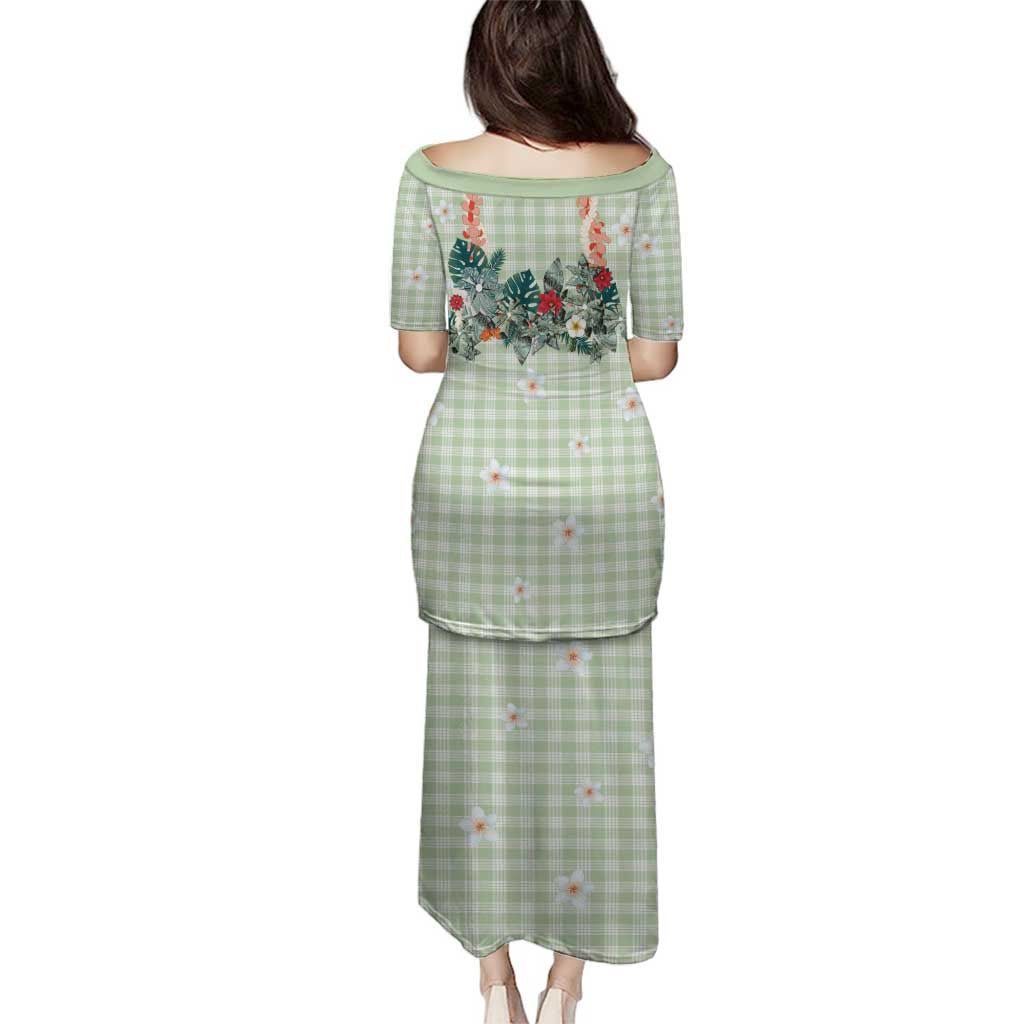 Sage Green Hawaiian Palaka Family Matching Puletasi and Hawaiian Shirt Kukui Nut Money Lei - Polynesian Pride