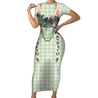 Sage Green Hawaiian Palaka Family Matching Short Sleeve Bodycon Dress and Hawaiian Shirt Kukui Nut Money Lei - Polynesian Pride