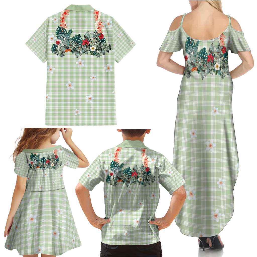 Sage Green Hawaiian Palaka Family Matching Summer Maxi Dress and Hawaiian Shirt Kukui Nut Money Lei - Polynesian Pride