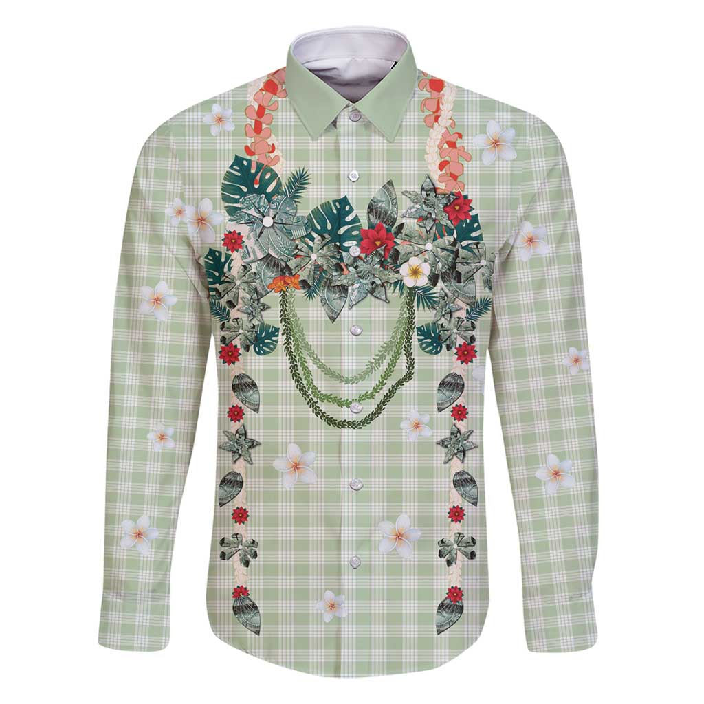 Sage Green Hawaiian Palaka Family Matching Summer Maxi Dress and Hawaiian Shirt Kukui Nut Money Lei - Polynesian Pride