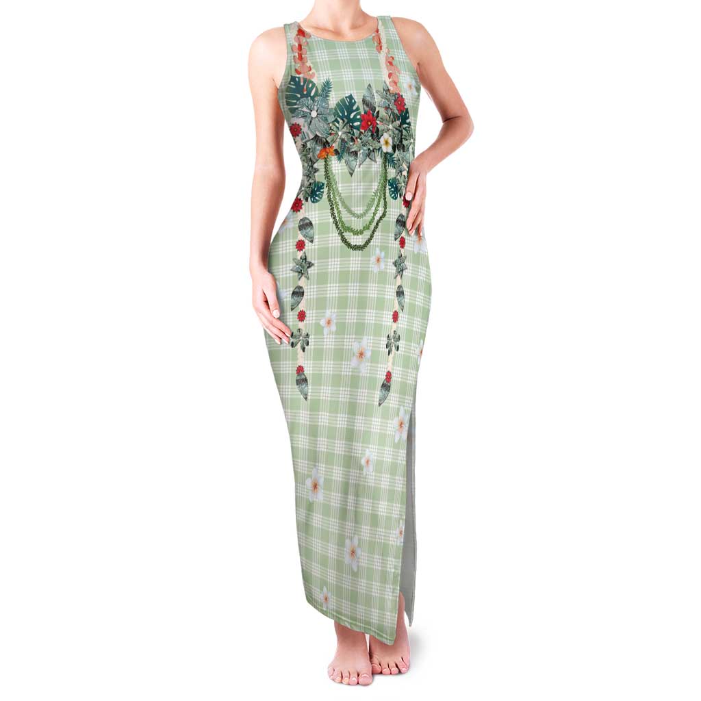 Sage Green Hawaiian Palaka Family Matching Tank Maxi Dress and Hawaiian Shirt Kukui Nut Money Lei - Polynesian Pride