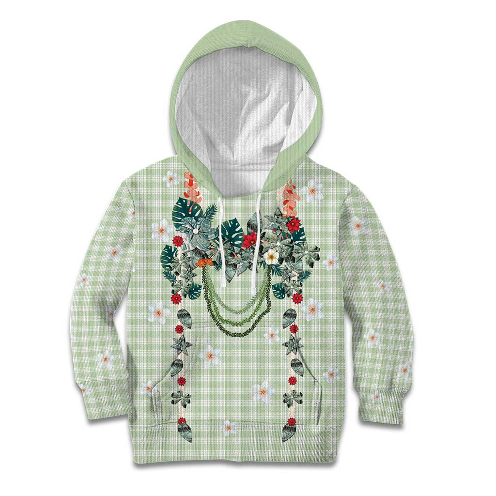 Sage Green Hawaiian Palaka Kid Hoodie Kukui Nut Money Lei - Polynesian Pride