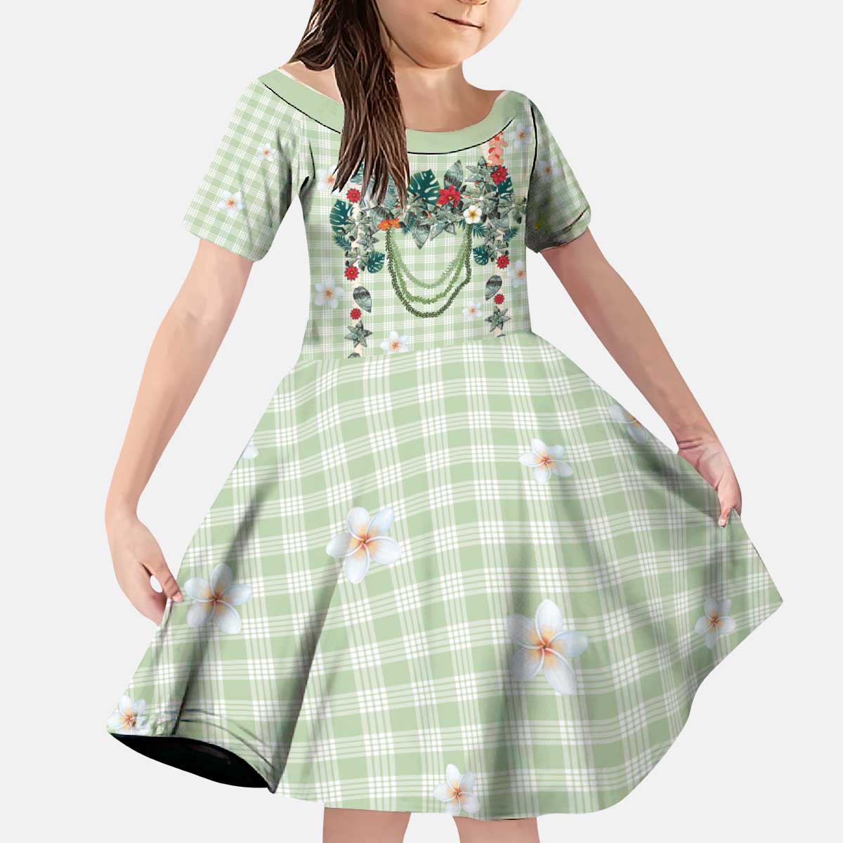 Sage Green Hawaiian Palaka Kid Short Sleeve Dress Kukui Nut Money Lei - Polynesian Pride