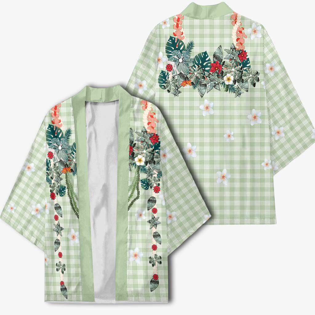 Sage Green Hawaiian Palaka Kimono Kukui Nut Money Lei LT9 - Polynesian Pride