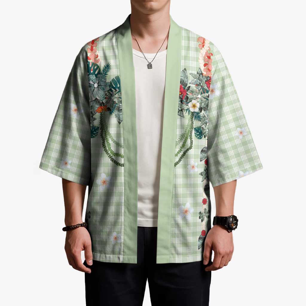 Sage Green Hawaiian Palaka Kimono Kukui Nut Money Lei LT9 - Polynesian Pride