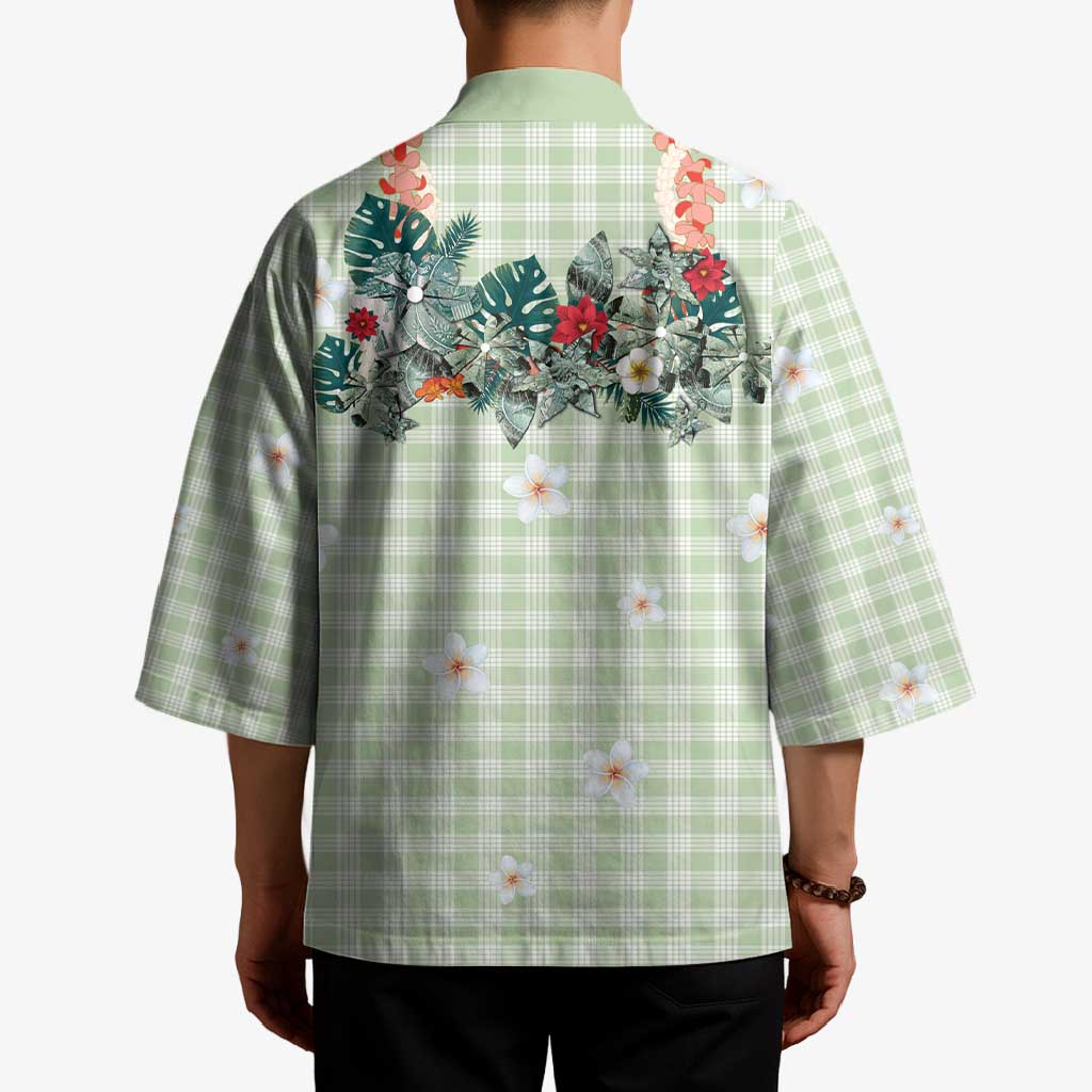 Sage Green Hawaiian Palaka Kimono Kukui Nut Money Lei LT9 - Polynesian Pride