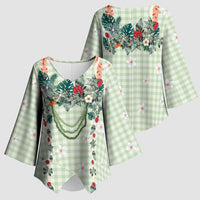 Sage Green Hawaiian Palaka Kimono Sleeve Blouse Kukui Nut Money Lei - Polynesian Pride