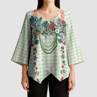 Sage Green Hawaiian Palaka Kimono Sleeve Blouse Kukui Nut Money Lei - Polynesian Pride