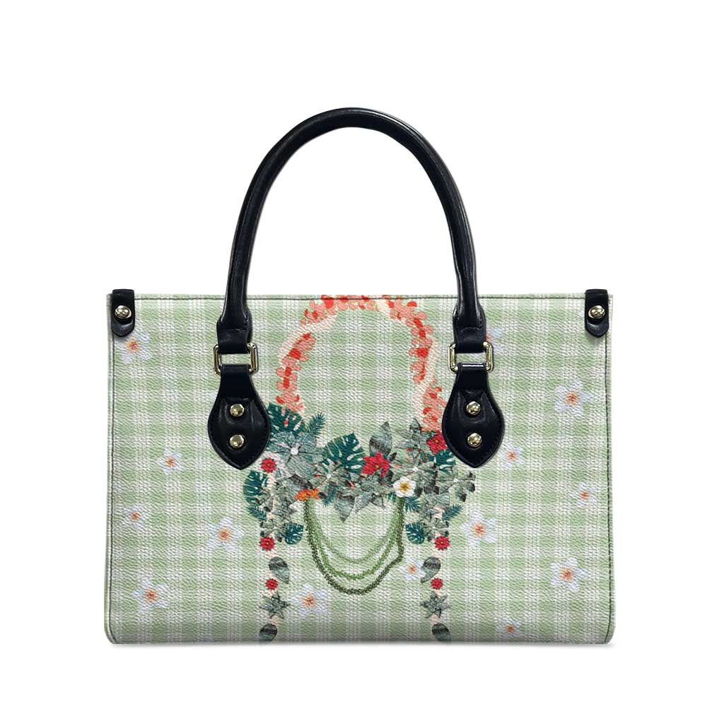 Sage Green Hawaiian Palaka Leather Bag Kukui Nut Money Lei - Polynesian Pride