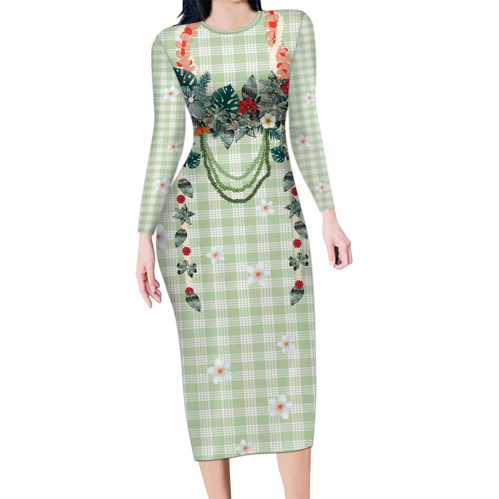 Sage Green Hawaiian Palaka Long Sleeve Bodycon Dress Kukui Nut Money Lei - Polynesian Pride