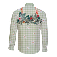 Sage Green Hawaiian Palaka Long Sleeve Button Shirt Kukui Nut Money Lei - Polynesian Pride