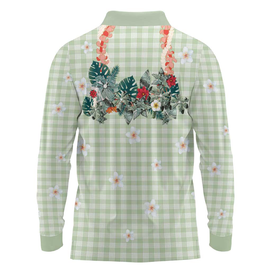 Sage Green Hawaiian Palaka Long Sleeve Polo Shirt Kukui Nut Money Lei - Polynesian Pride