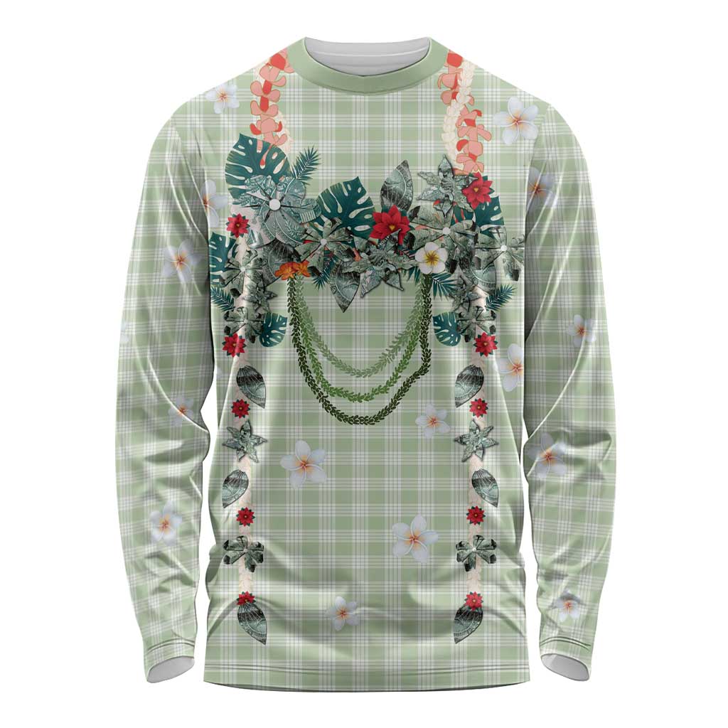 Sage Green Hawaiian Palaka Long Sleeve Shirt Kukui Nut Money Lei - Polynesian Pride