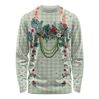 Sage Green Hawaiian Palaka Long Sleeve Shirt Kukui Nut Money Lei - Polynesian Pride