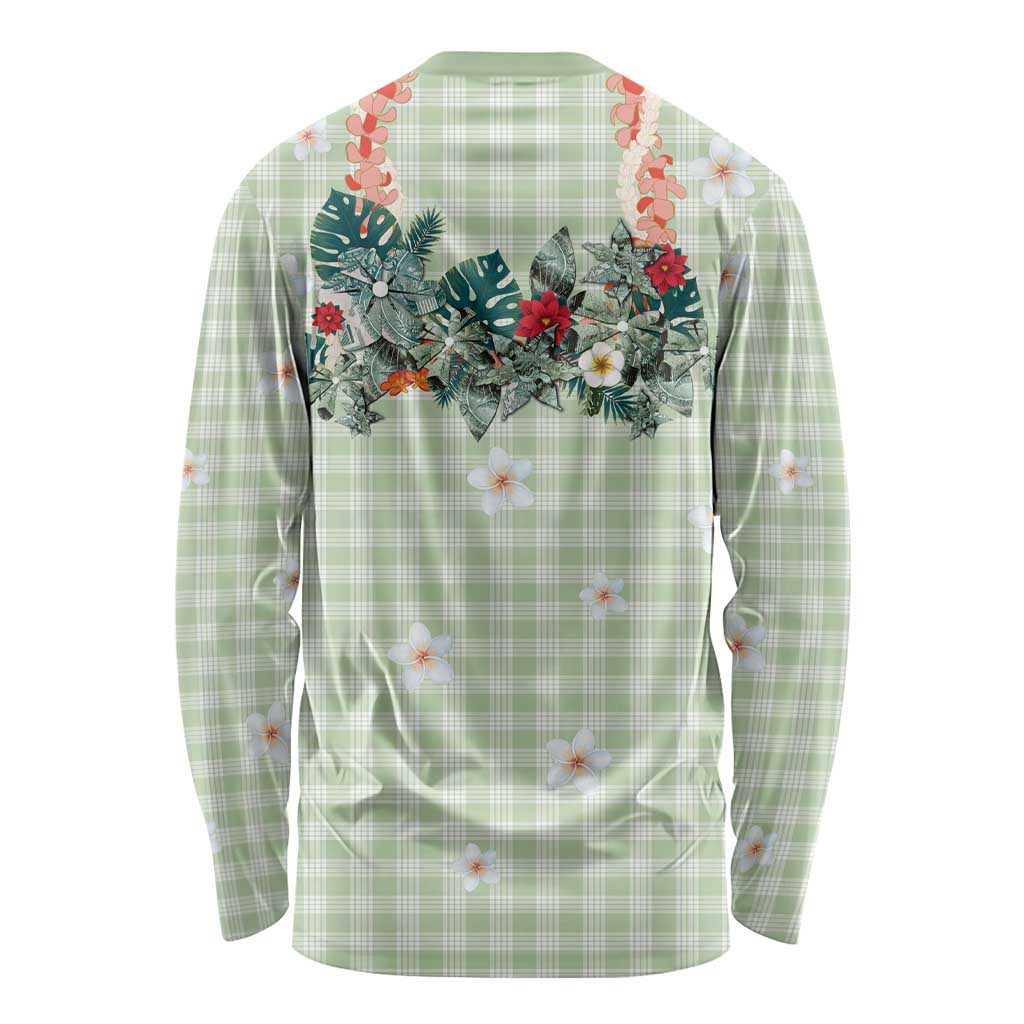 Sage Green Hawaiian Palaka Long Sleeve Shirt Kukui Nut Money Lei - Polynesian Pride