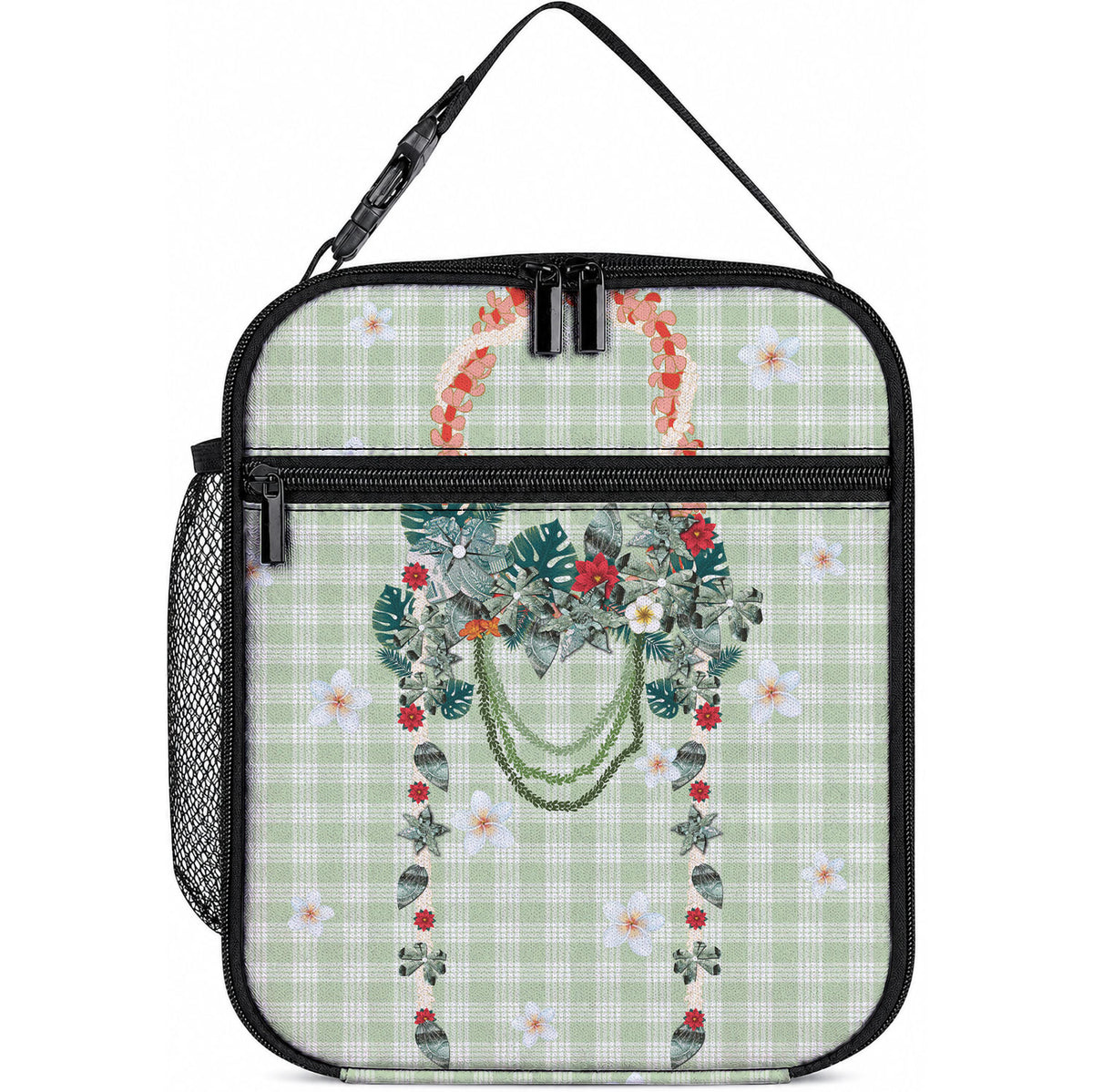 Sage Green Hawaiian Palaka Lunch Bag Kukui Nut Money Lei LT9 10.2 × 8.3 × 4.3 inch Green - Polynesian Pride