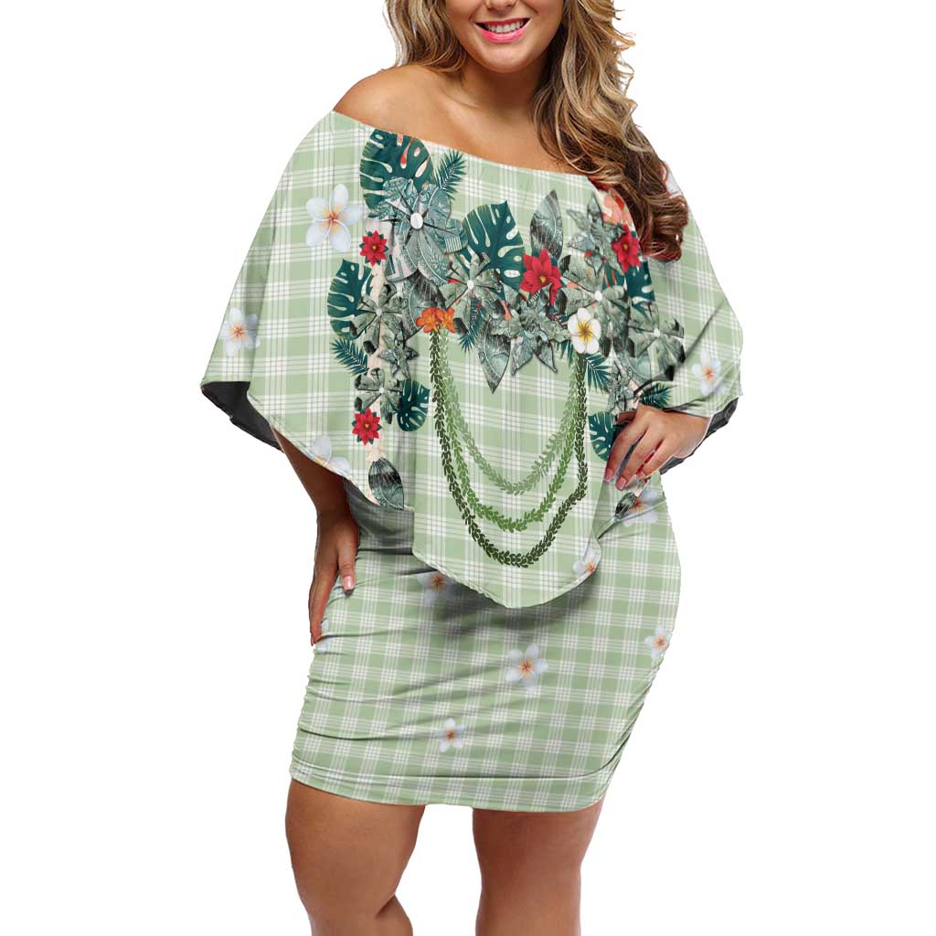 Sage Green Hawaiian Palaka Off Shoulder Short Dress Kukui Nut Money Lei - Polynesian Pride
