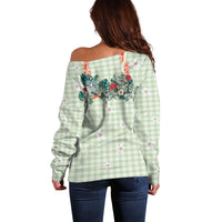 Sage Green Hawaiian Palaka Off Shoulder Sweater Kukui Nut Money Lei - Polynesian Pride