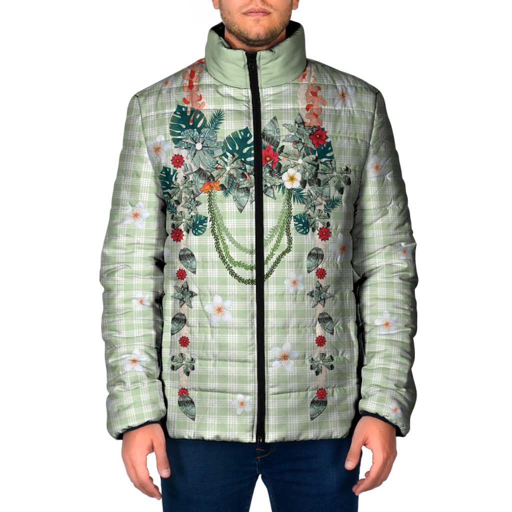Sage Green Hawaiian Palaka Padded Jacket Kukui Nut Money Lei - Polynesian Pride