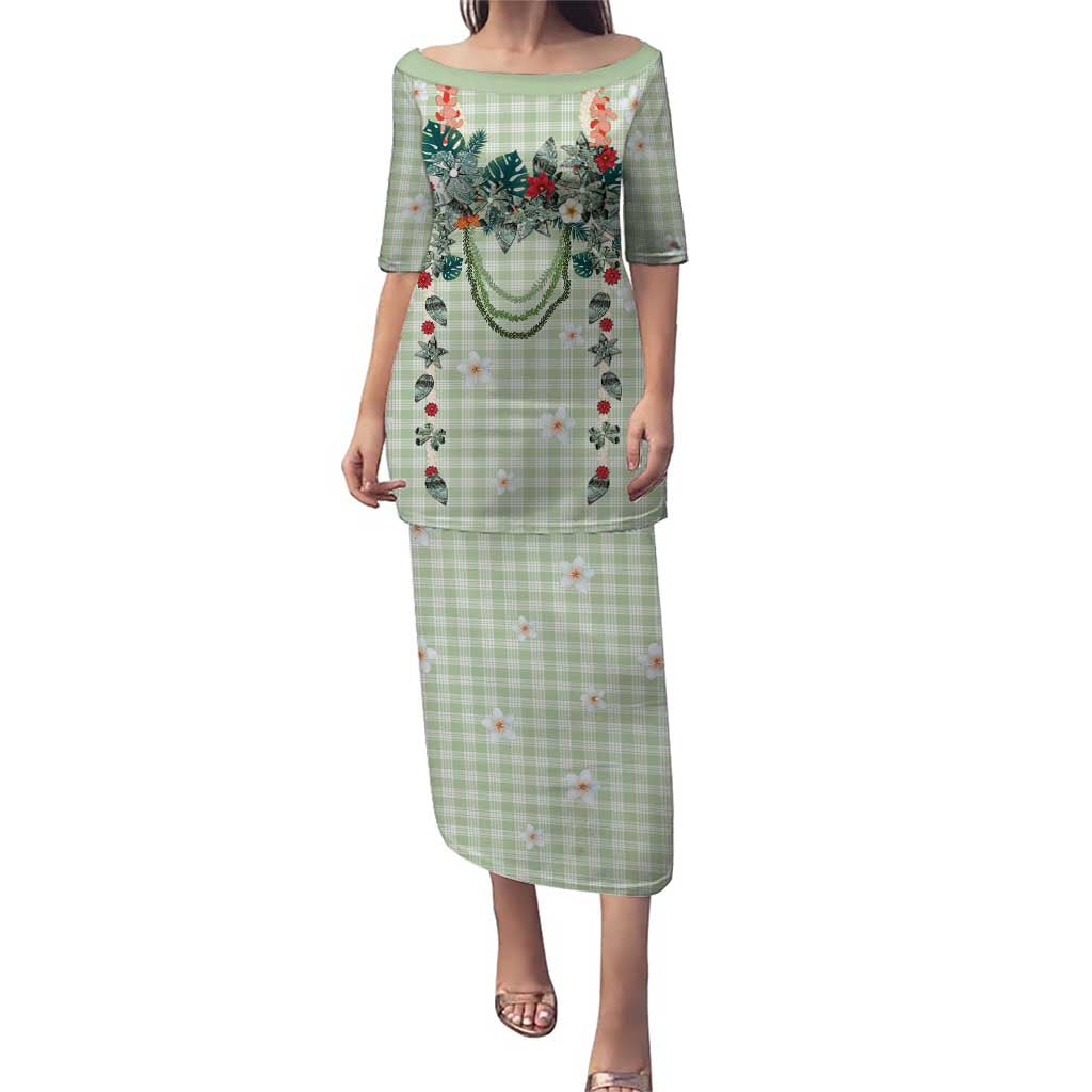 Sage Green Hawaiian Palaka Puletasi Kukui Nut Money Lei - Polynesian Pride