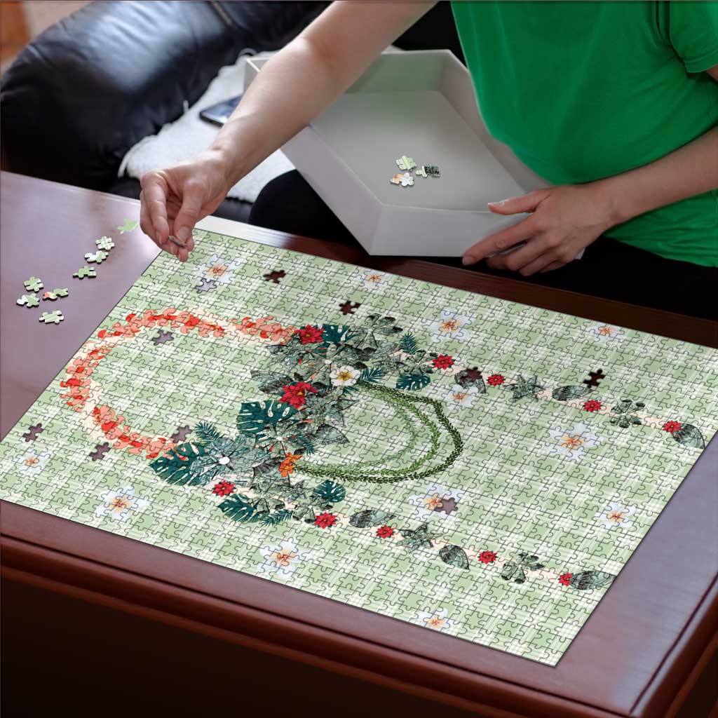 Sage Green Hawaiian Palaka Puzzle Kukui Nut Money Lei - Polynesian Pride