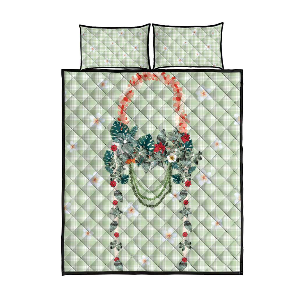Sage Green Hawaiian Palaka Quilt Bed Set Kukui Nut Money Lei - Polynesian Pride