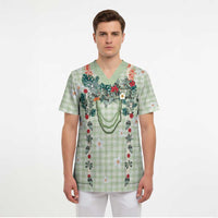 Sage Green Hawaiian Palaka Scrub Top Kukui Nut Money Lei - Polynesian Pride
