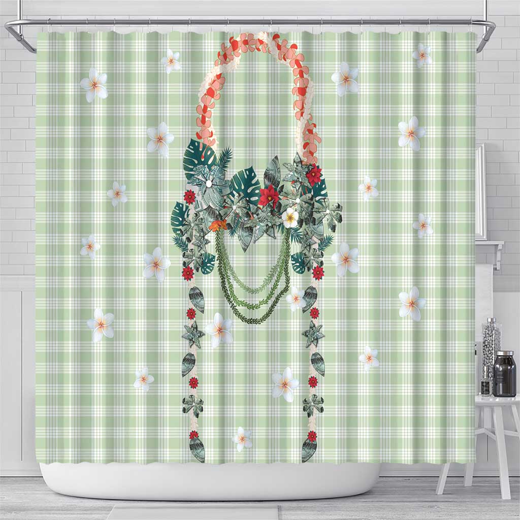 Sage Green Hawaiian Palaka Shower Curtain Kukui Nut Money Lei - Polynesian Pride