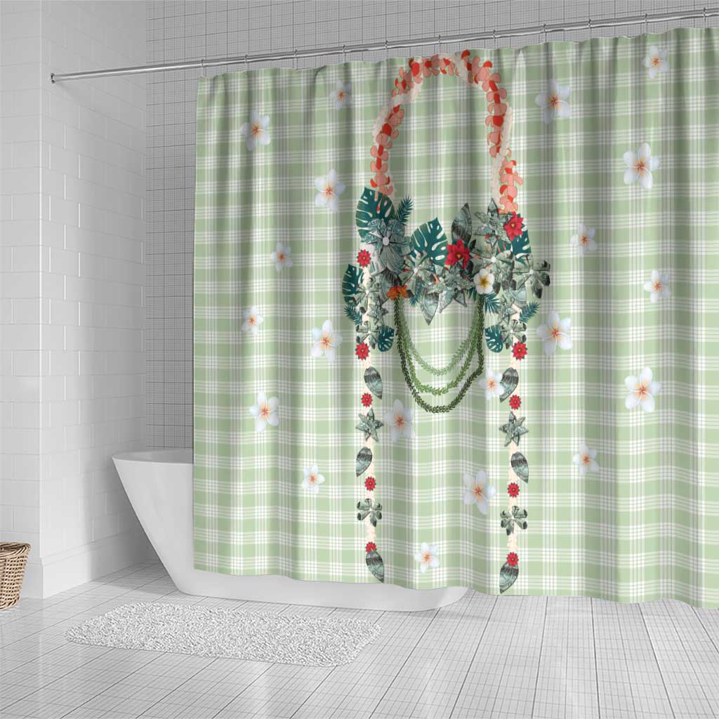 Sage Green Hawaiian Palaka Shower Curtain Kukui Nut Money Lei - Polynesian Pride