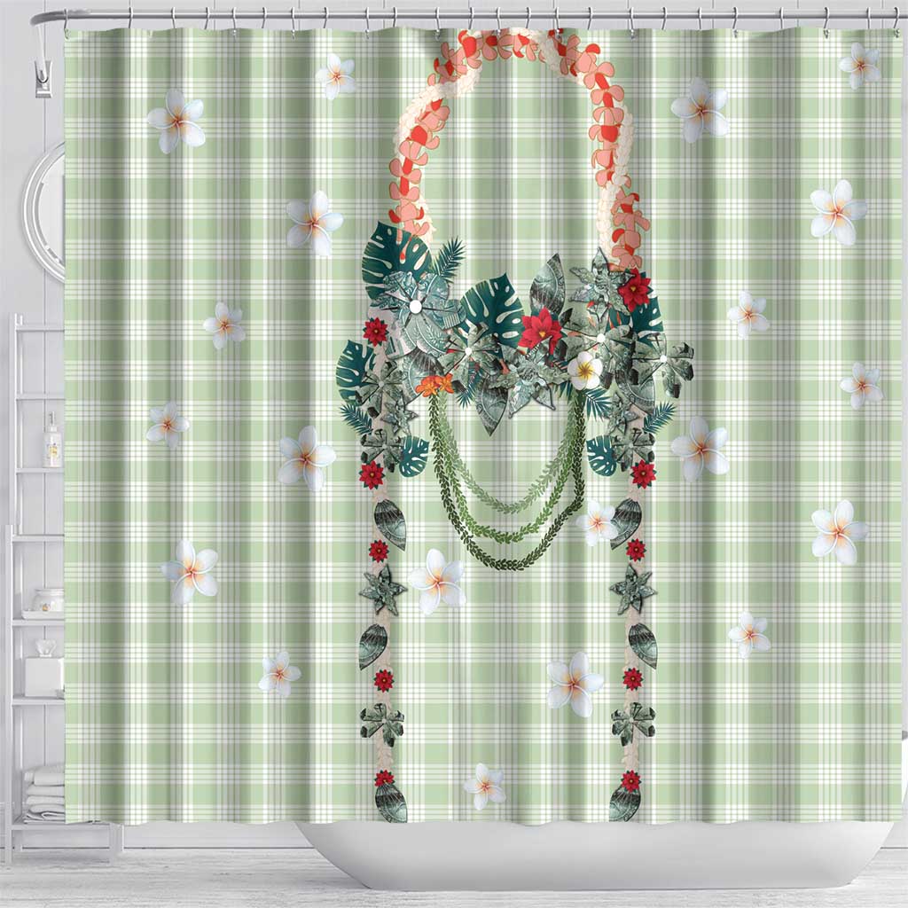 Sage Green Hawaiian Palaka Shower Curtain Kukui Nut Money Lei - Polynesian Pride