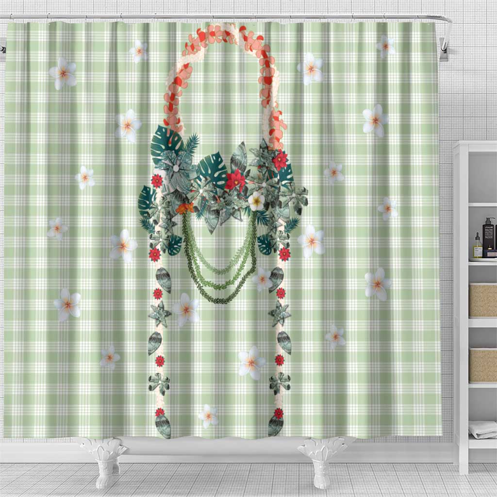 Sage Green Hawaiian Palaka Shower Curtain Kukui Nut Money Lei - Polynesian Pride