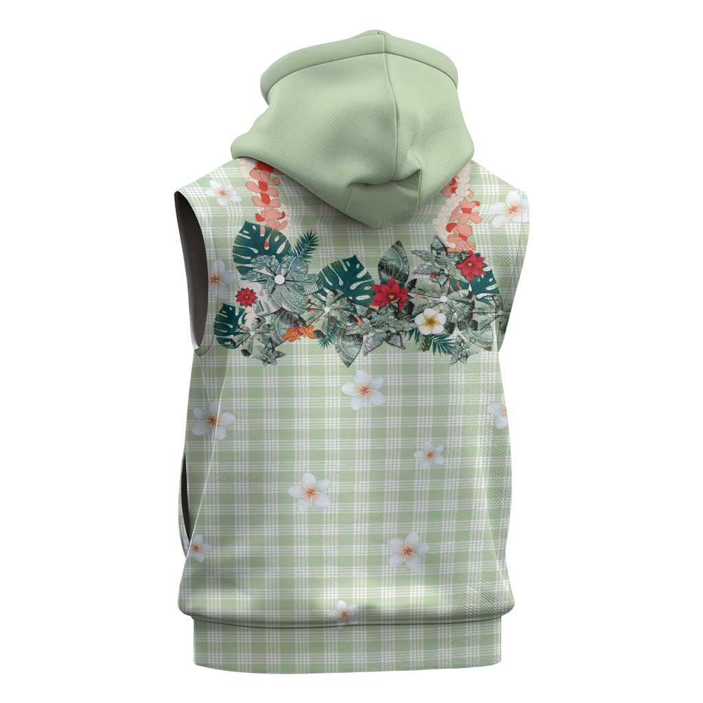 Sage Green Hawaiian Palaka Sleeveless Hoodie Kukui Nut Money Lei - Polynesian Pride