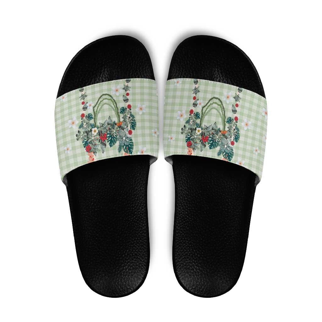 Sage Green Hawaiian Palaka Slide Sandals Kukui Nut Money Lei LT9 Green - Polynesian Pride