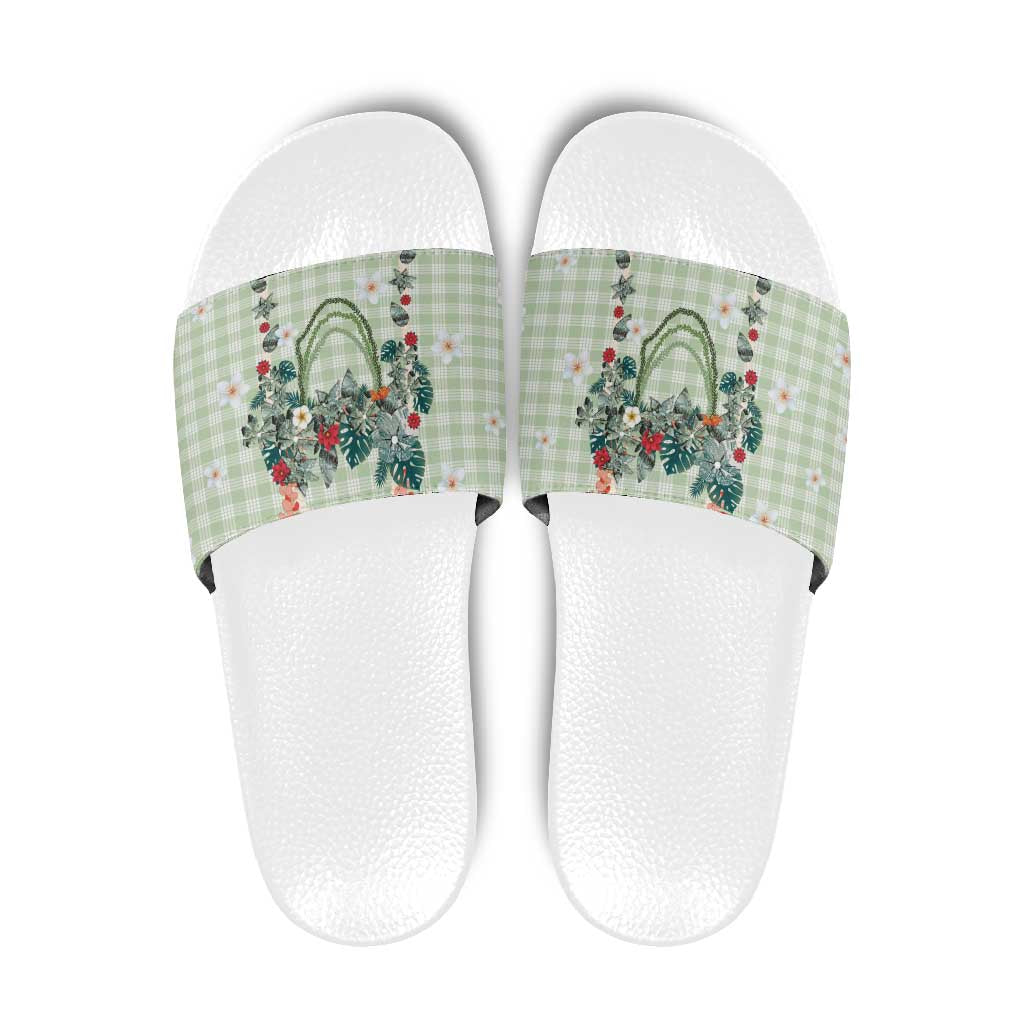 Sage Green Hawaiian Palaka Slide Sandals Kukui Nut Money Lei LT9 Green - Polynesian Pride