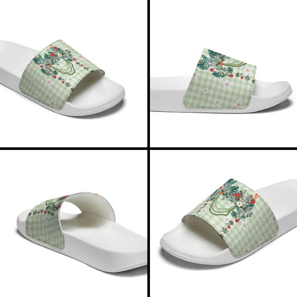 Sage Green Hawaiian Palaka Slide Sandals Kukui Nut Money Lei LT9 - Polynesian Pride