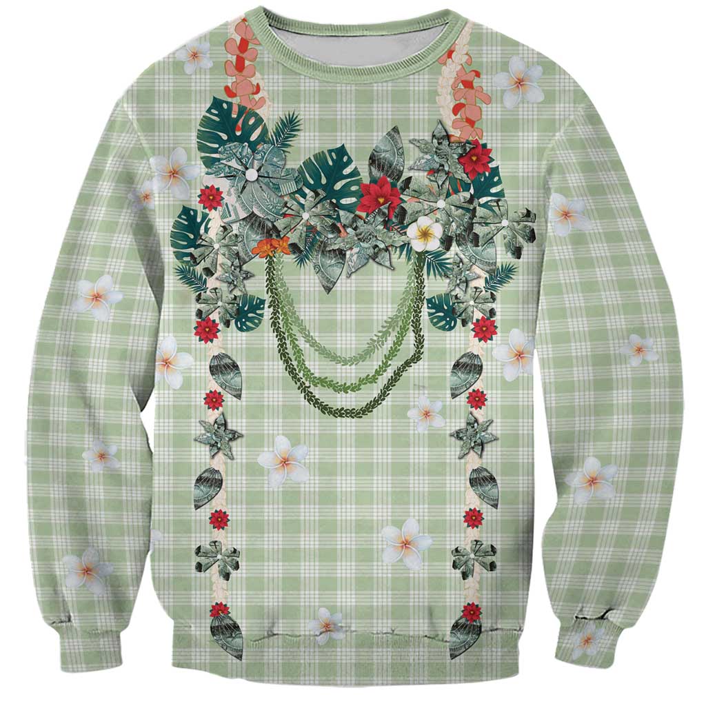 Sage Green Hawaiian Palaka Sweatshirt Kukui Nut Money Lei - Polynesian Pride
